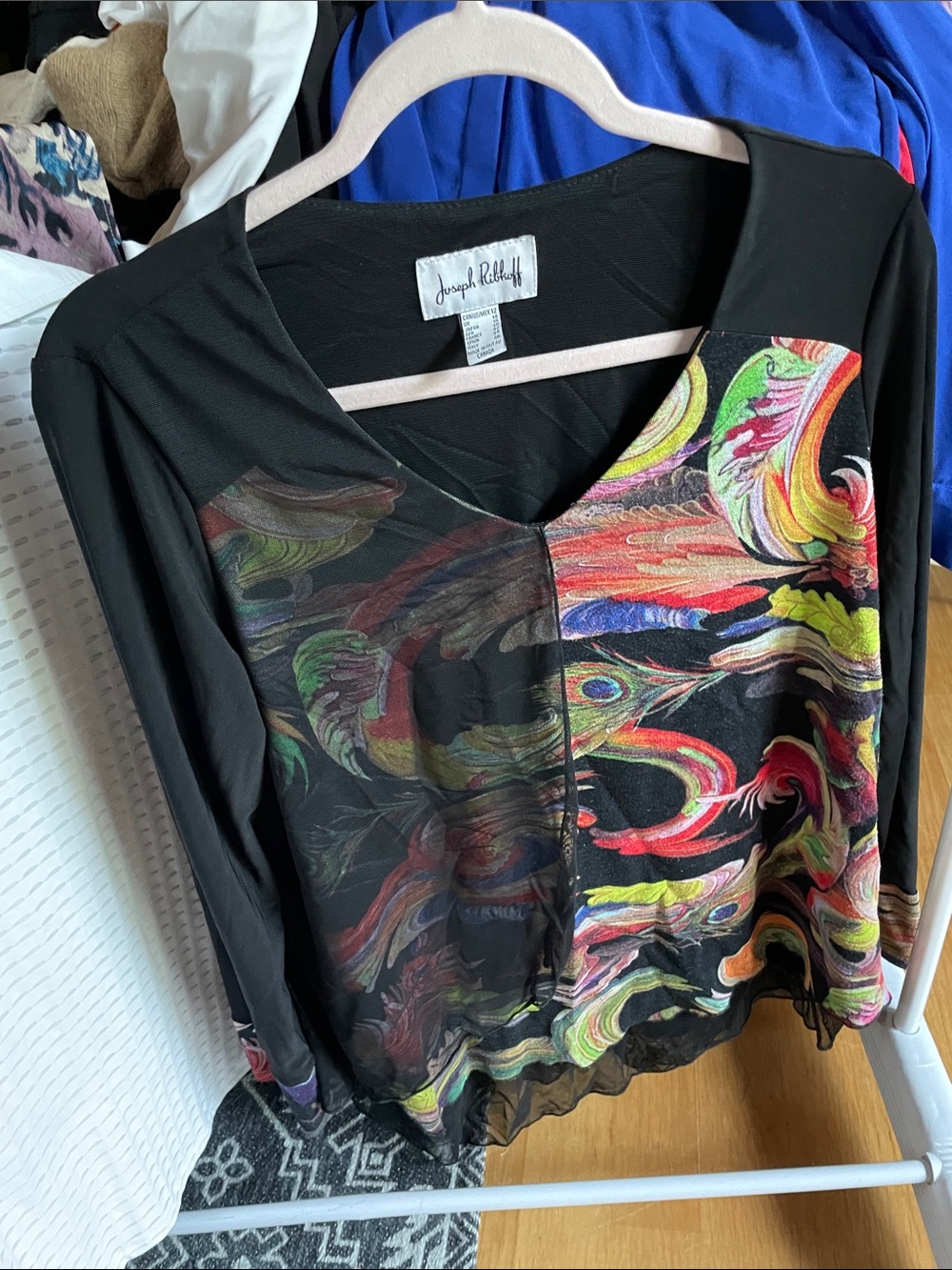 Joseph Ribkoff Black Top with Multicolor Swirl Print